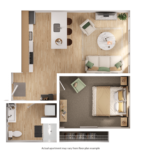 Floor plan for 1 bed, 1 bath, 609 sqft